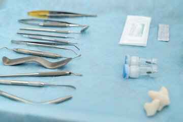  Various dental instruments and equipment at  dentist table. Prepare to patient treatment