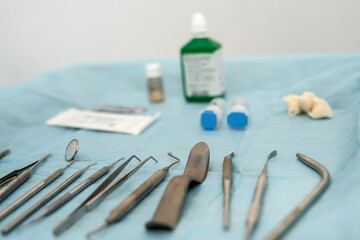  Various dental instruments and equipment at  dentist table. Prepare to patient treatment