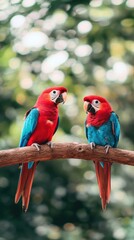 Obraz premium Two stunning lovebirds sit closely on a branch, their colorful feathers catching the soft sunlight
