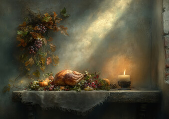 Cozy Candlelit Autumn thanksgiving Feast with turkey,  Bread, Nuts, and Cookies in a Dark Enchanted Setting