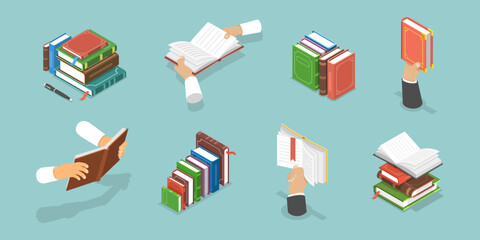 3D Isometric Flat Vector Illustration of Hands with Books, Studing and Education, Literature and Reading