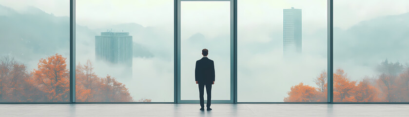 Fototapeta premium A professional stands contemplatively in front of a large window gazing at a misty cityscape. This evocative scene captures the essence of ambition uncertainty and the search for clarity