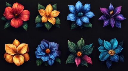 Colorful floral illustrations featuring a variety of flowers against a dark background in an artistic arrangement