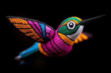 Obraz premium Colorful Needle-Felted Hummingbird with Alebrije-Inspired Wings on Black Background