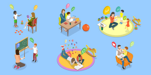 3D Isometric Flat Vector Set of Parents Learning with their Kids, Engaging In Educational Activities Together