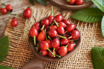 Fresh rose hips on a wooden spoon