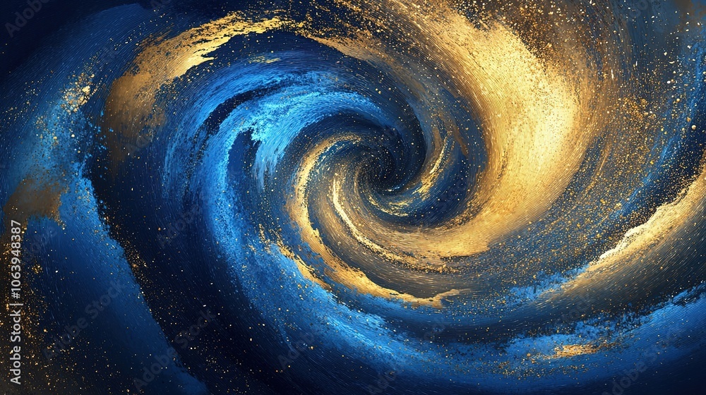 Poster blue and gold particle vortex with dynamic swirl and wind blowing effect in motion for artistic back