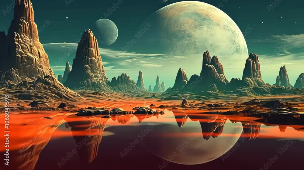 Poster alien planet landscape with mountains and moon over horizon in retro style