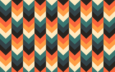 Striking geometric pattern: repeating chevron stripes in retro teal, coral orange, black and cream. Bold vertical arrangement creates dynamic visual movement with a vintage aesthetic.
