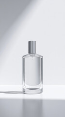 Naklejka premium Clear skincare bottle with sleek design, reflecting light beautifully. Ideal for showcasing beauty products or minimalist aesthetics