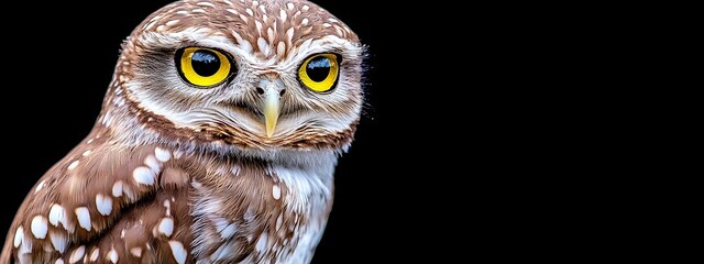 In a dark background, horned owl's yellow eyes are close up.