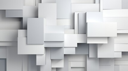 A modern abstract composition of overlapping white rectangles and squares creating depth.