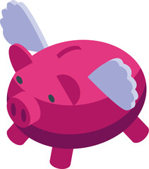 Pink piggy bank flying with wings, representing the concept of savings growth and financial success
