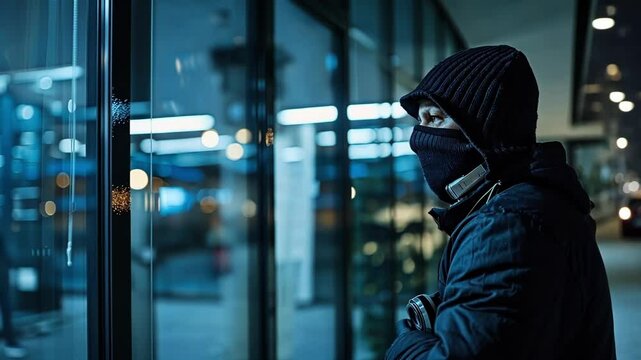 Masked burglar casing a store at night, holding a crowbar, exuding danger and threat in the dimly lit urban setting