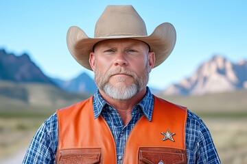 A beefy muscled cowboy in cowboy hat stands on a prairie with mountains in the background, smiling, flexing, flexing, looking at the camera