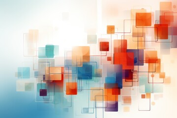 Abstract composition of colorful overlapping squares and rectangles in a soft gradient background.
