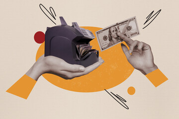 Collage 3d image of pinup pop retro sketch of hand hold dollar banknote hundred accountant counter...