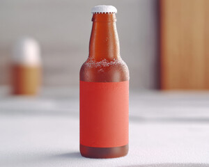 frosty beer bottle with blank red label, set against blurred background. bottle is chilled, showcasing refreshing drink perfect for winter gatherings