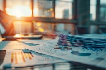 Collection of business analytics charts and graphs stacked on each other on paper on desk in office