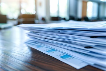 Collection of business analytics charts and graphs stacked on each other on paper on desk in office