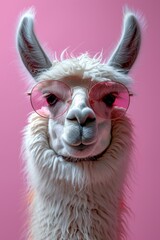 Fototapeta premium Llama wearing glasses on a pink background