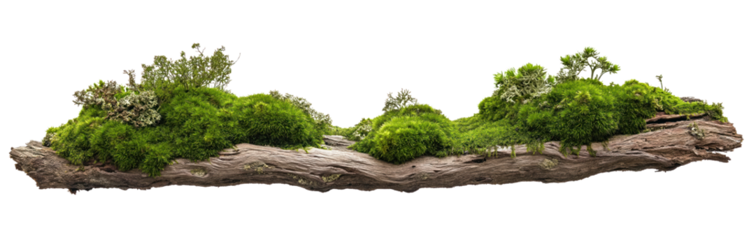 Close-up of tree trunk with rich green moss covering surface. Various shades of green moss create vibrant appearance. Gray background provides neutral backdrop for moss to stand out. Elevated view Png