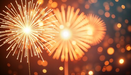 Dark background with vibrant fireworks display, colors changing from top left to bottom right. Orange, red hues envelop the scene. Happy New Year and Goodnight text visible.