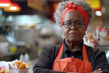 Middle aged adult African American female fast food worker