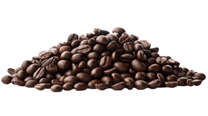Close-up of a pile of dark brown coffee beans scattered in a random manner on a light gray background. Brown coffee beans in a collection, isolated on isolated transparent background, with texture.