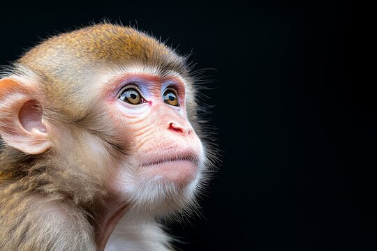An adult macaque or Macaca mulata sits in India's jungle against blurred foliage