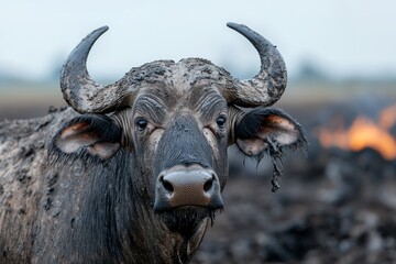 Naklejka premium Syncerus caffer, a buffalo bull with mud-covered horns and head