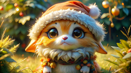 An adorable animal that looks like a fox wearing a Santa hat in Wonderland