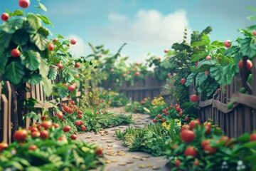 Organic garden with fresh vegetables and fruits