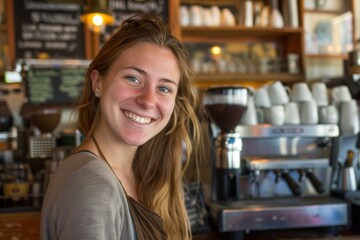 Portrait of a young smiling woman in a cafe