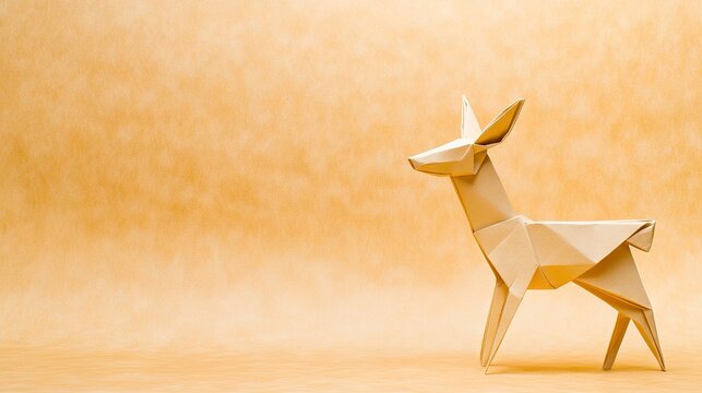 A delicate origami deer crafted from paper stands gracefully against a warm, muted background in a serene studio setting