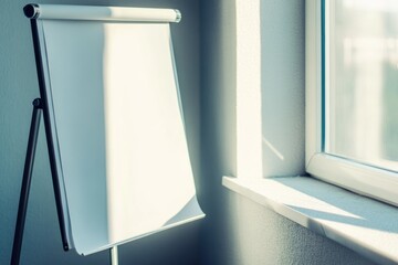 Minimalist Stock Photography of an Empty Roll-Up Stand Near Sunlit Window