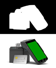 contactless payment by card through the payment receipt terminal 3d render mockup on white with alpha