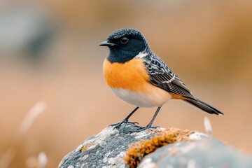 A bluebird with an orange chest perched on a rock against a soft blurred background in muted earth tones