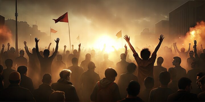 Large crowd protests for rights at city sunset, united against societal issues with raised fists and banners - Powered by Adobe