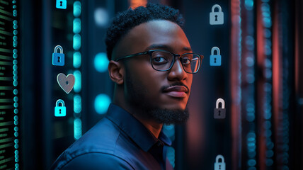 A confident IT professional standing in front of a computer with data privacy icons