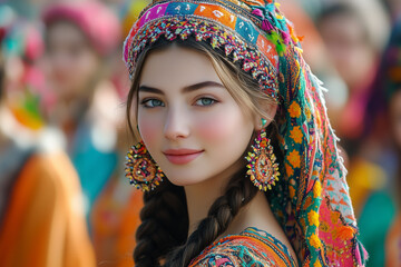 A photograph of a person in traditional attire celebrating one of the world's festivals