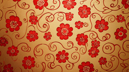 Intricate red floral pattern on beige background with swirling designs