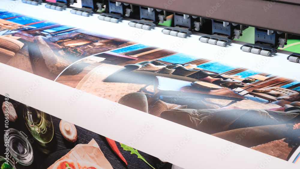 Poster a large printer is printing a picture of a living room with a couch and a chair. the couch is on the