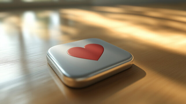 Close-up of a like button with a red heart on a wooden surface  