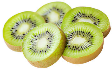 Fototapeta premium Single kiwi fruit cut into two halves. Green color vibrant, texture visible. Set on isolated transparent background, contrasting with fruit color. Fresh fruit, healthy snack, ripe kiwi. Alpha mask.