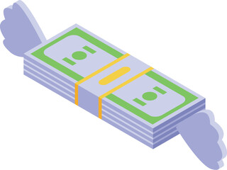 Isometric stack of banknotes flying with wings, representing fast money transfer, easy loan or quick payment