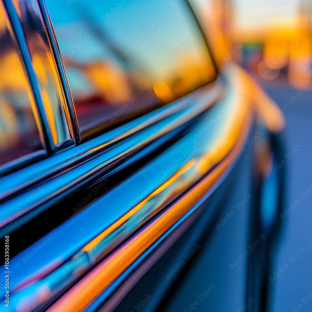 Canvas Prints Close-up of a shiny chrome car trim reflecting the sunset.