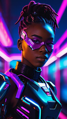 Black Beauty, Neonpunk style, Cinematic Photo of a beautiful black African woman cyborg, cyberpunk, cyberware, cyber implants, vaporwave, afro futuristic beauty, Afrocentric, science fiction