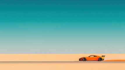Orange Car Speeding in Desert Landscape
