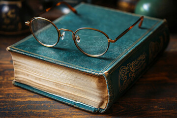 Vintage glasses resting on an old green hardcover book at a desk